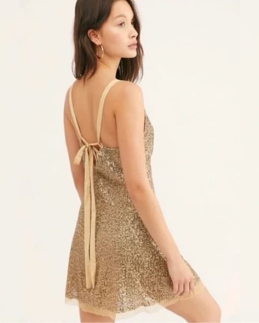 Free People Gold Glitter Mini Dress - Image 1