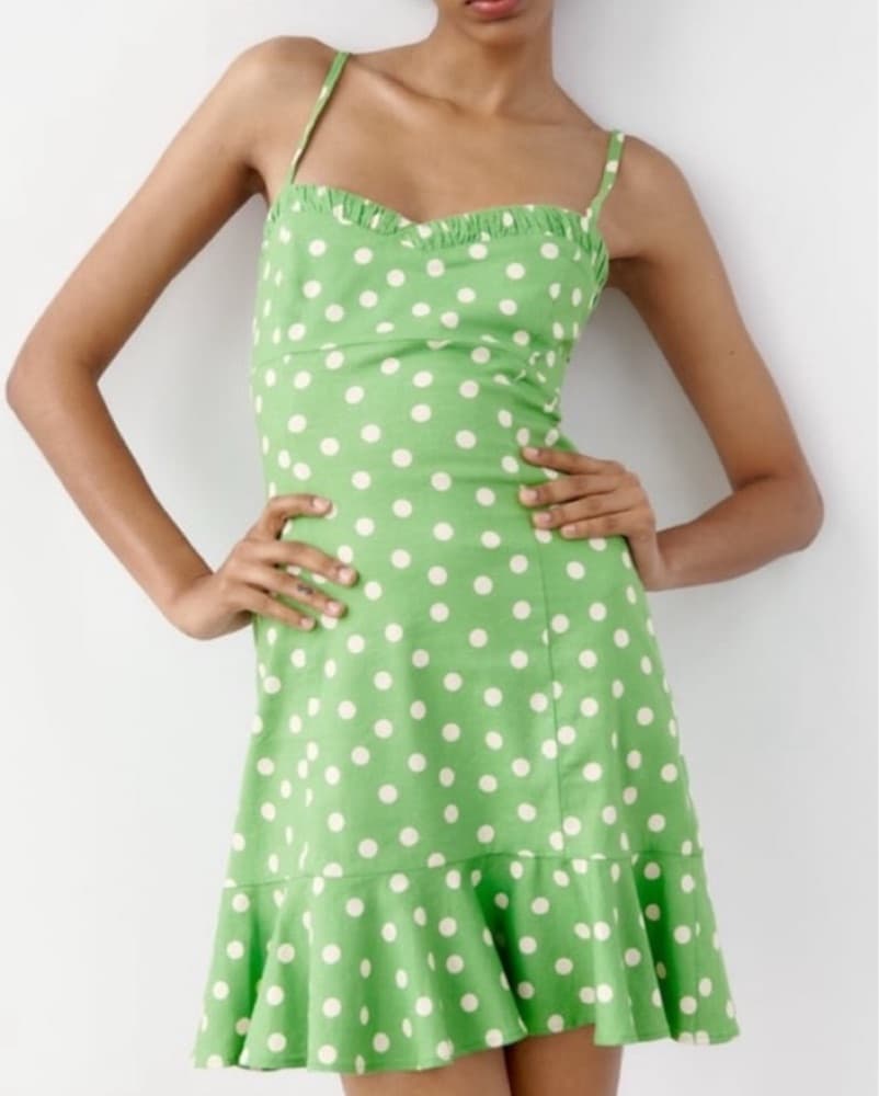 Green Polka Dot Linen Mini Dress - Image 1