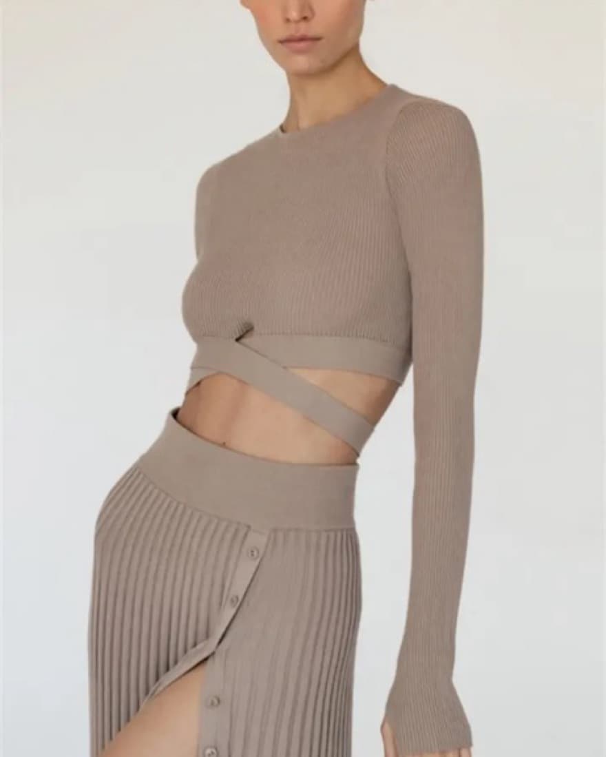 Ribbed Knit Crop Top Skirt Two Piece Set - Image 3