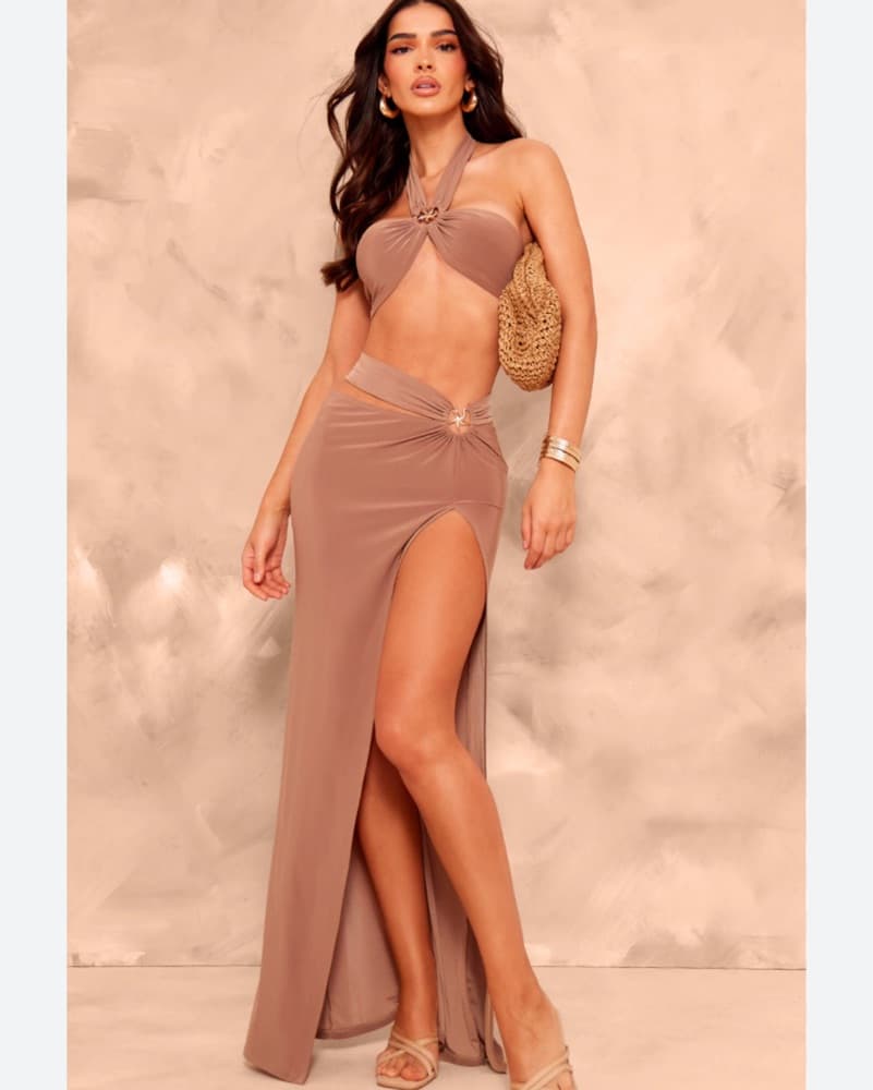 Nude Crop Top And Maxi Skirt Set - Image 1