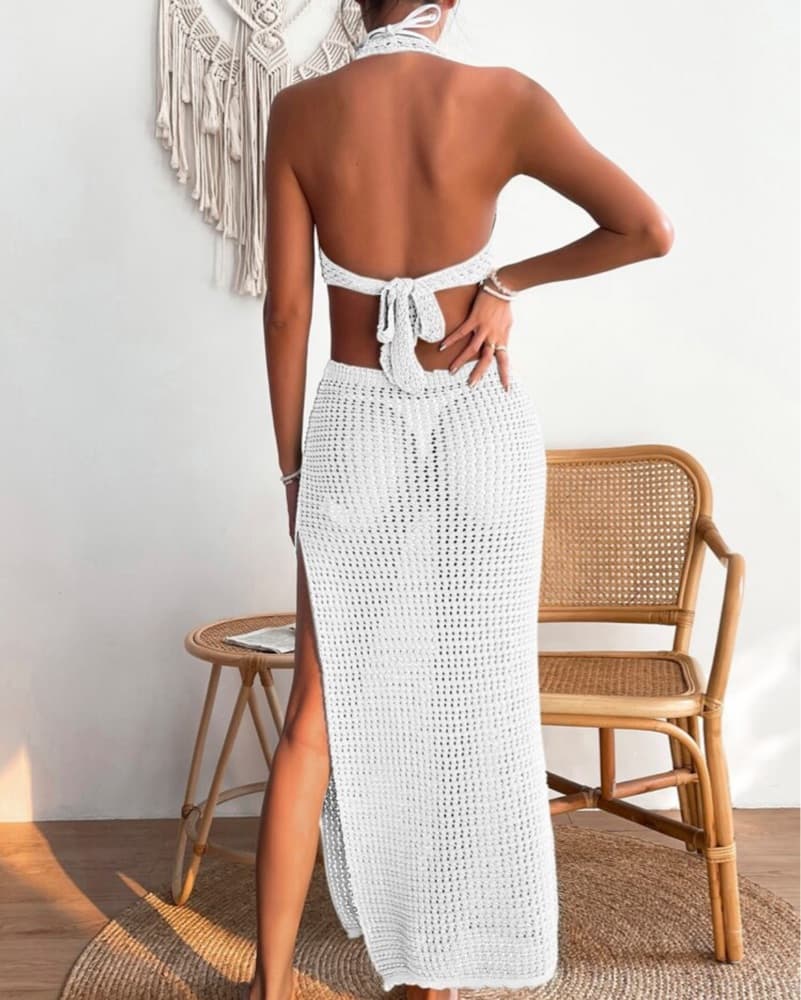 White Crochet Halter Tie Beach Cover Up - Image 2