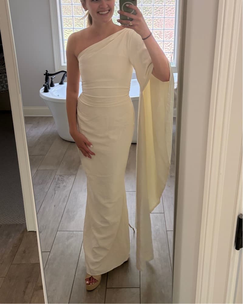 Off White Maxi One Shoulder Cape Dress - Image 4