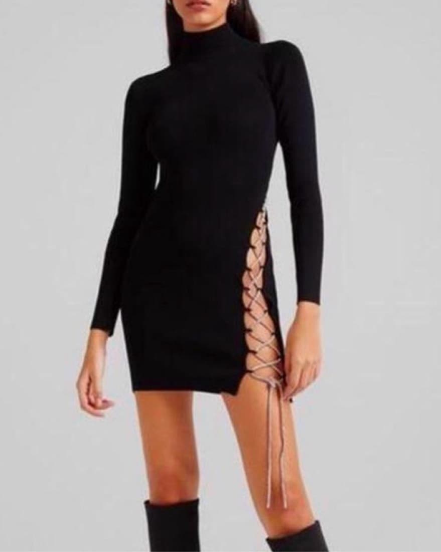Sleek Black Lace-Up Bodycon Dress - Image 1