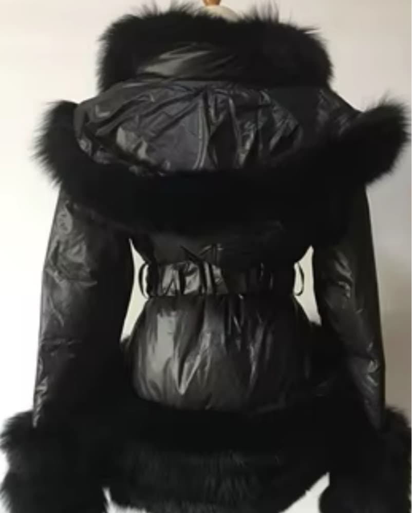 Black Fox Fur Trim Puffer Jacket  - Image 5