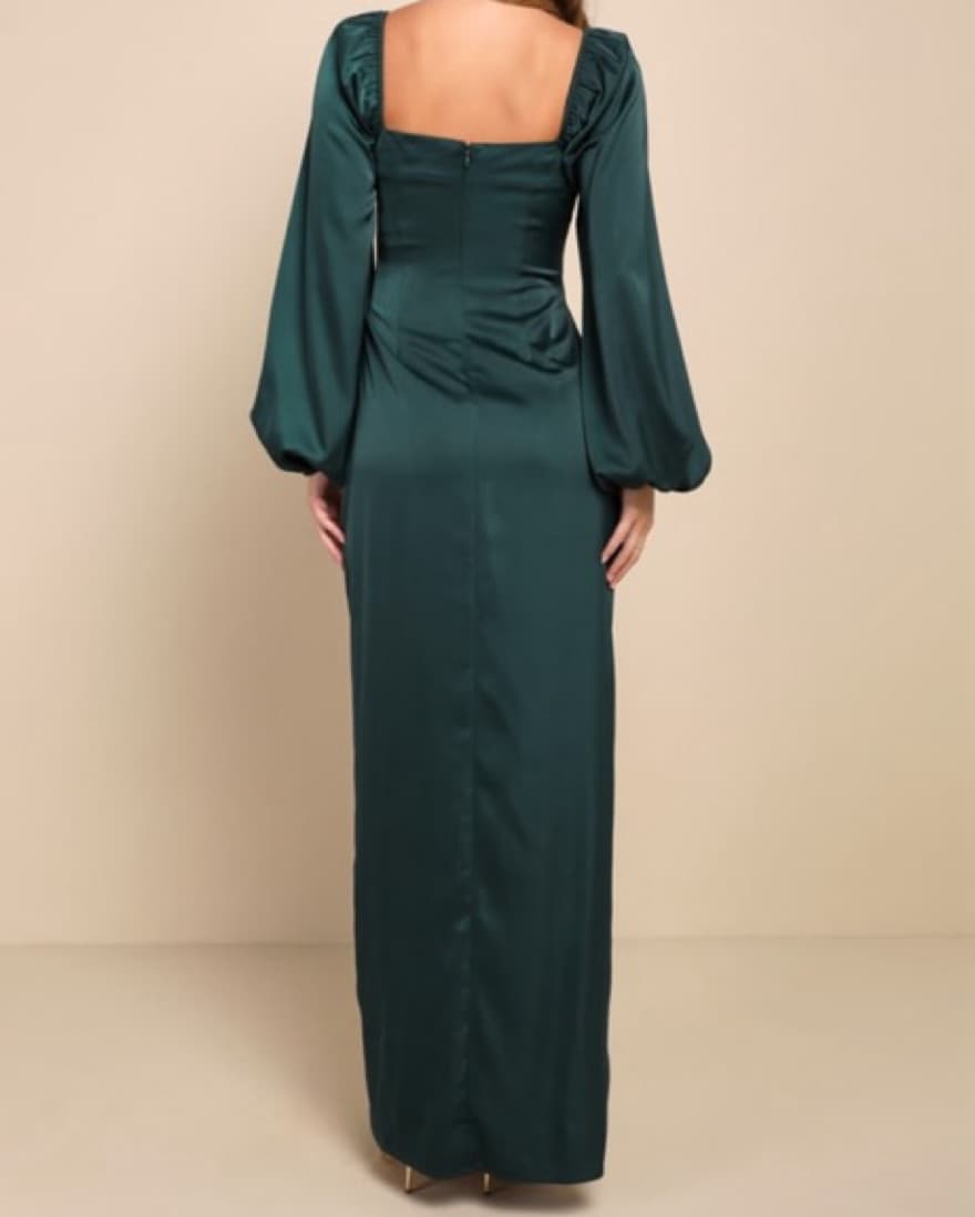 Emerald Green Satin Long Sleeve Dress - Image 4