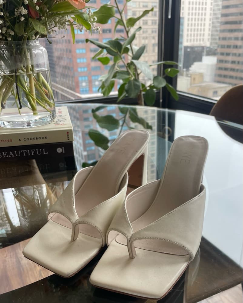 [Raye] Creme Square Open Toe Block Heels - Image 1