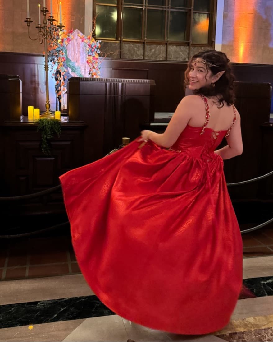 Red Corset Ball Gown With Slit - Image 2