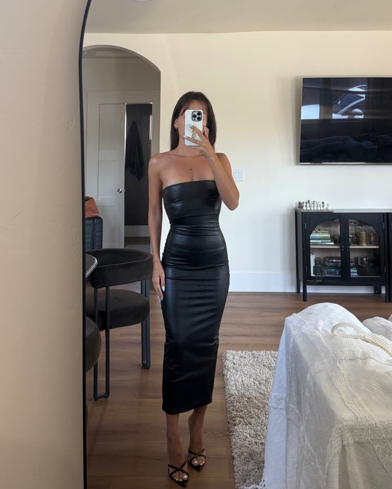 Sleek Black Strapless Leather Midi Dress - Image 1
