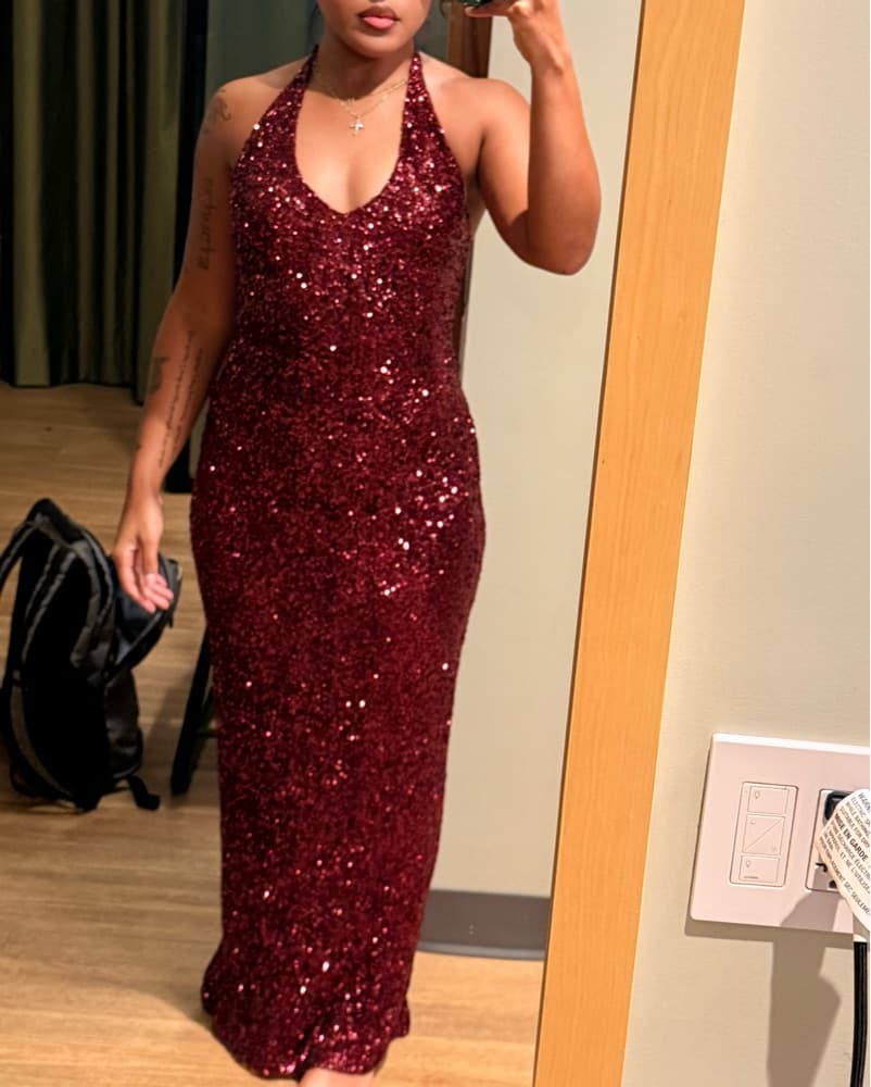 Burgundy Sequin Halter Dress - Image 3