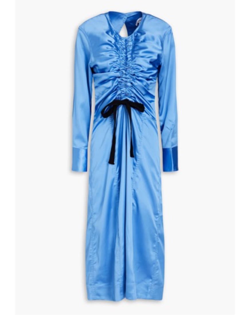 Ganni Ruched Cutout Satin Midi Dress - Image 1
