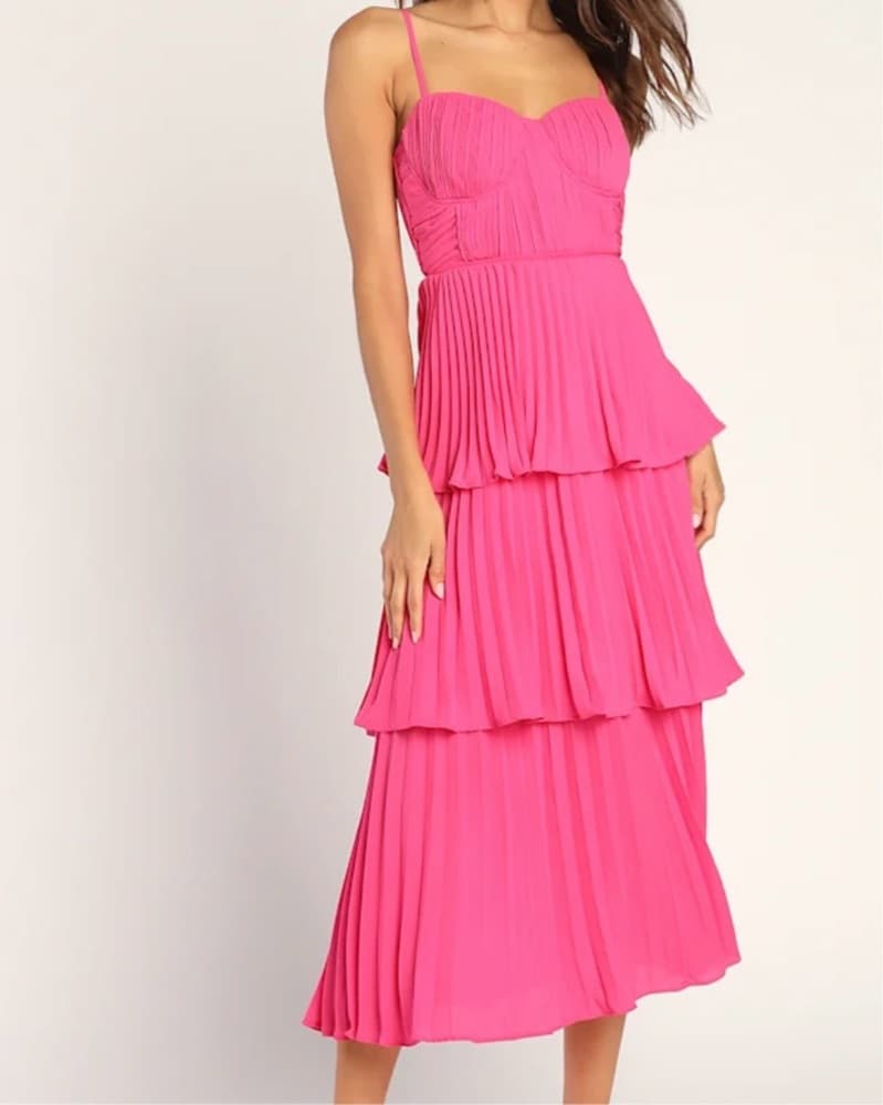 Vibrant Pink Pleated Midi Dress - Image 1