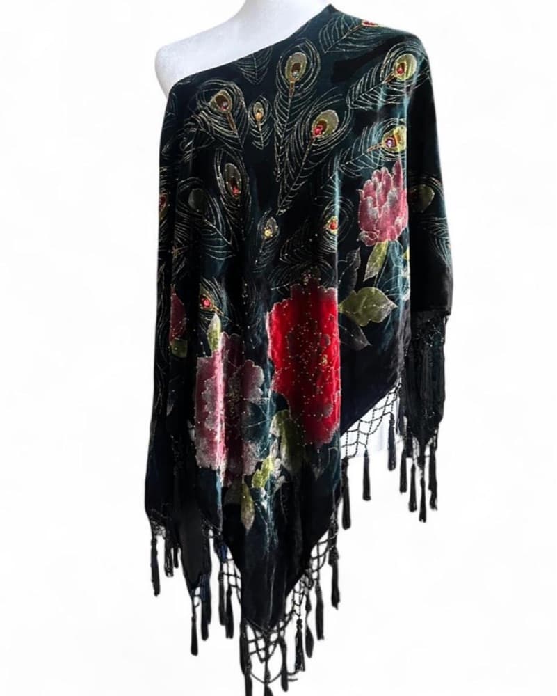 Vintage Velvet Peacock Tassel Poncho - Image 1