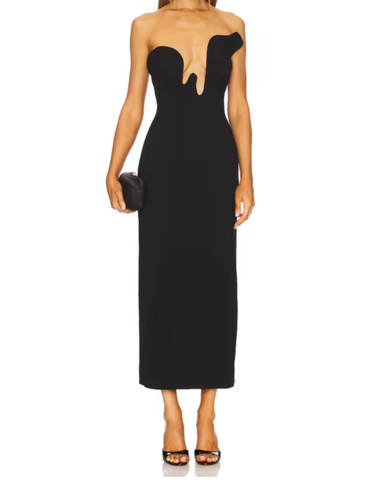 Asymmetical Plunge Black Strapless Dress - Image 1