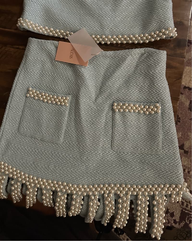 ALEXIS BLUE TWEED  PEARL SKIRT  - Image 3