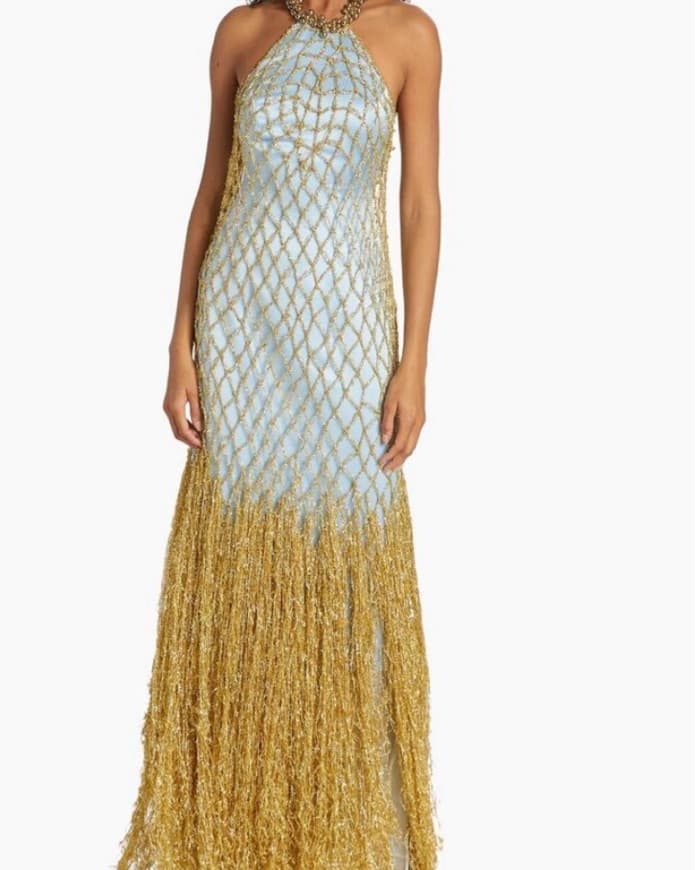 Stunning Turquoise Blue /Gold fishnet Gown, totally unique! - Image 2