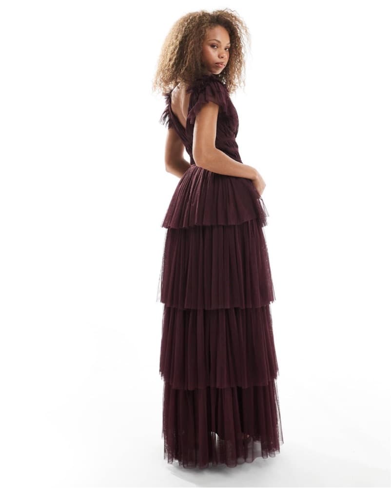 Plum Ruffle Tulle Maxi Dress  - Image 1