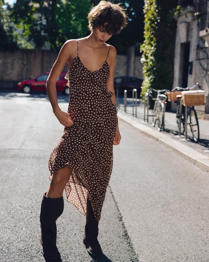 Brown Ruffled Polka Dot Dress - Image 6