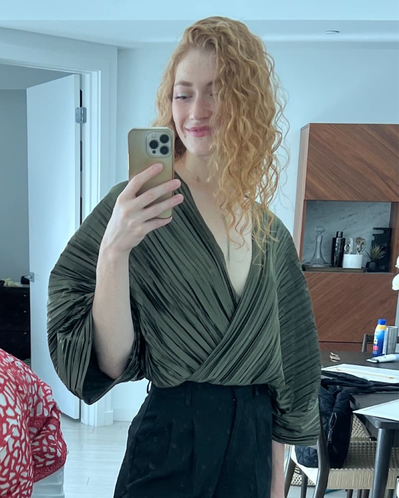 Pleated Olive Wrap Top - Image 4