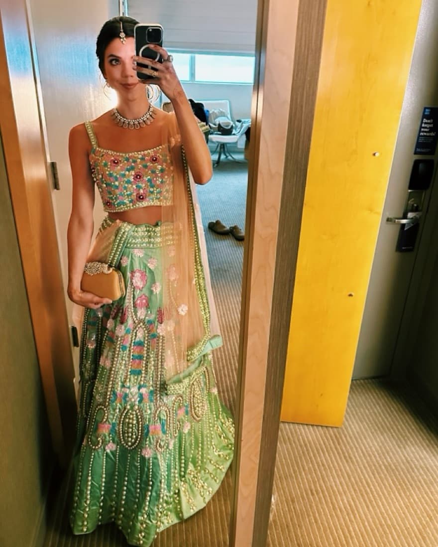 Teal And Pink Beaded Lengha - Image 1