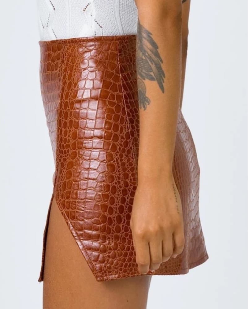Cognac Crocodile Embossed Mini Skirt - Image 4