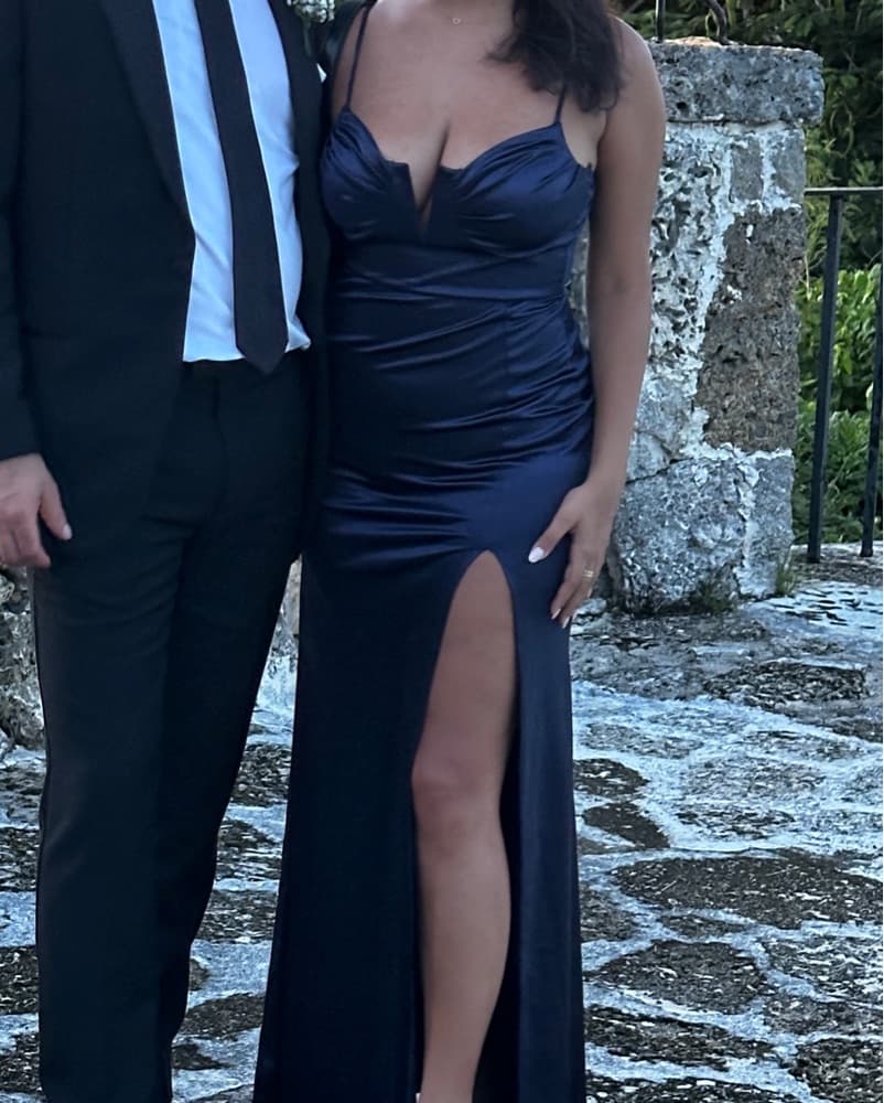 Navy Blue Satin Dress For Weddings/event - Image 3