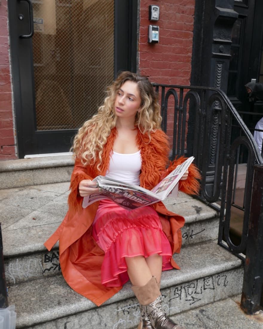 Pink Skirt And Orange Faux Fur Trench - Image 2