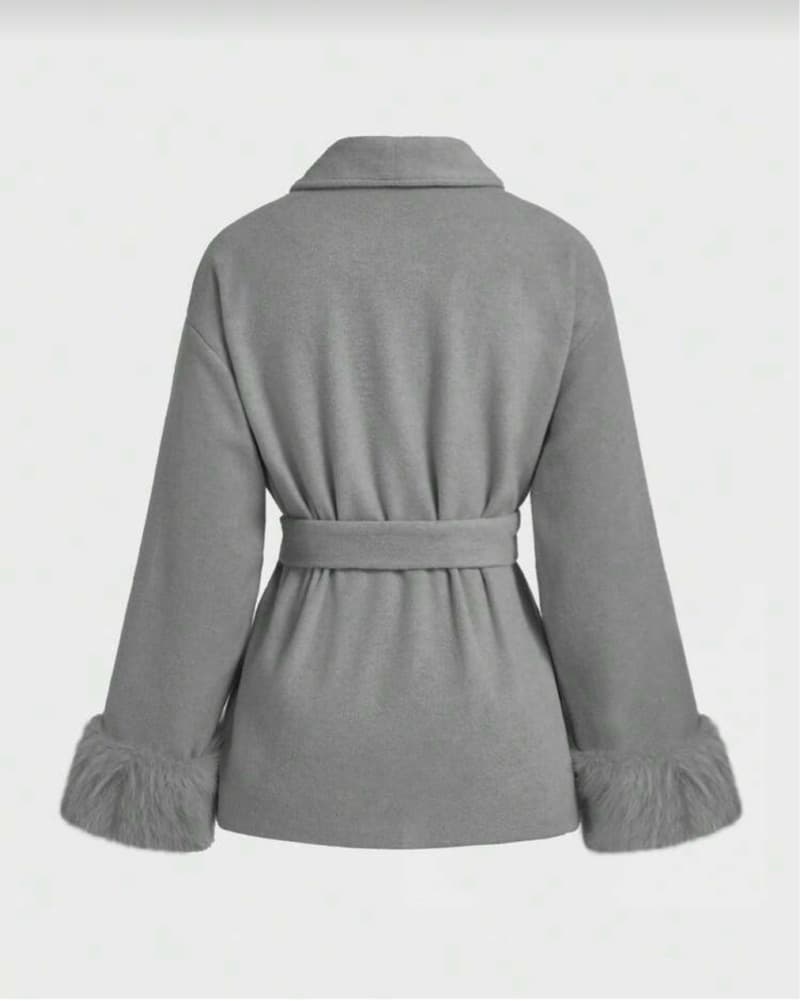 Grey Belted Coat with Faux Fur Cuffs - Image 2