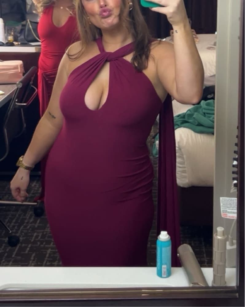 Burgundy Twist Halter Cape Gown - Image 2