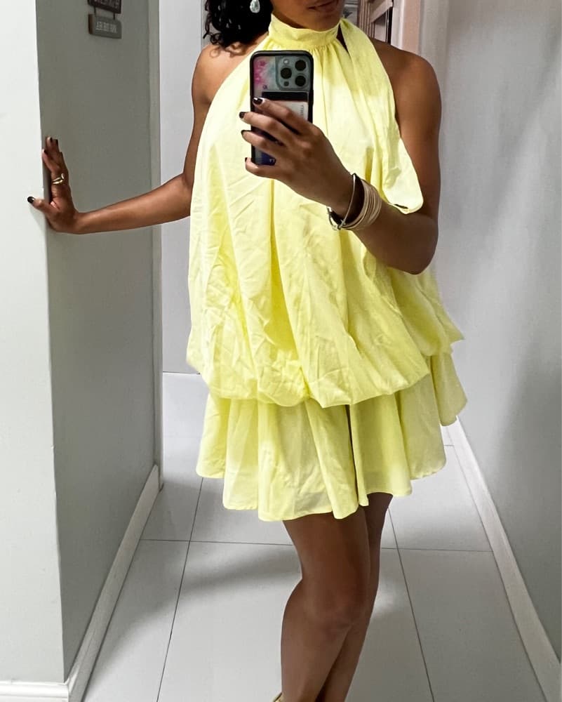 Yellow Open Back Halter Mini Dress - Image 3