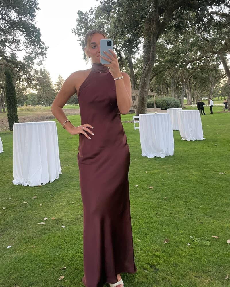 Burgundy Satin Halter Gown - Image 3
