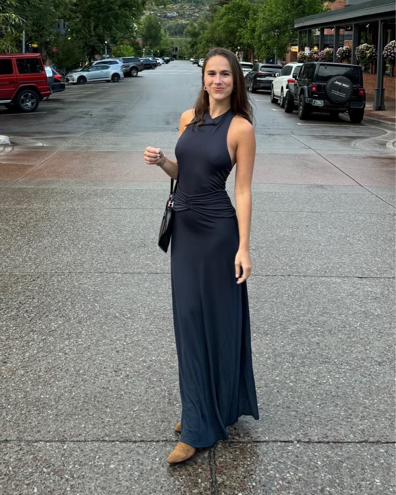 Navy Solid & Striped Formal Dress - Image 5