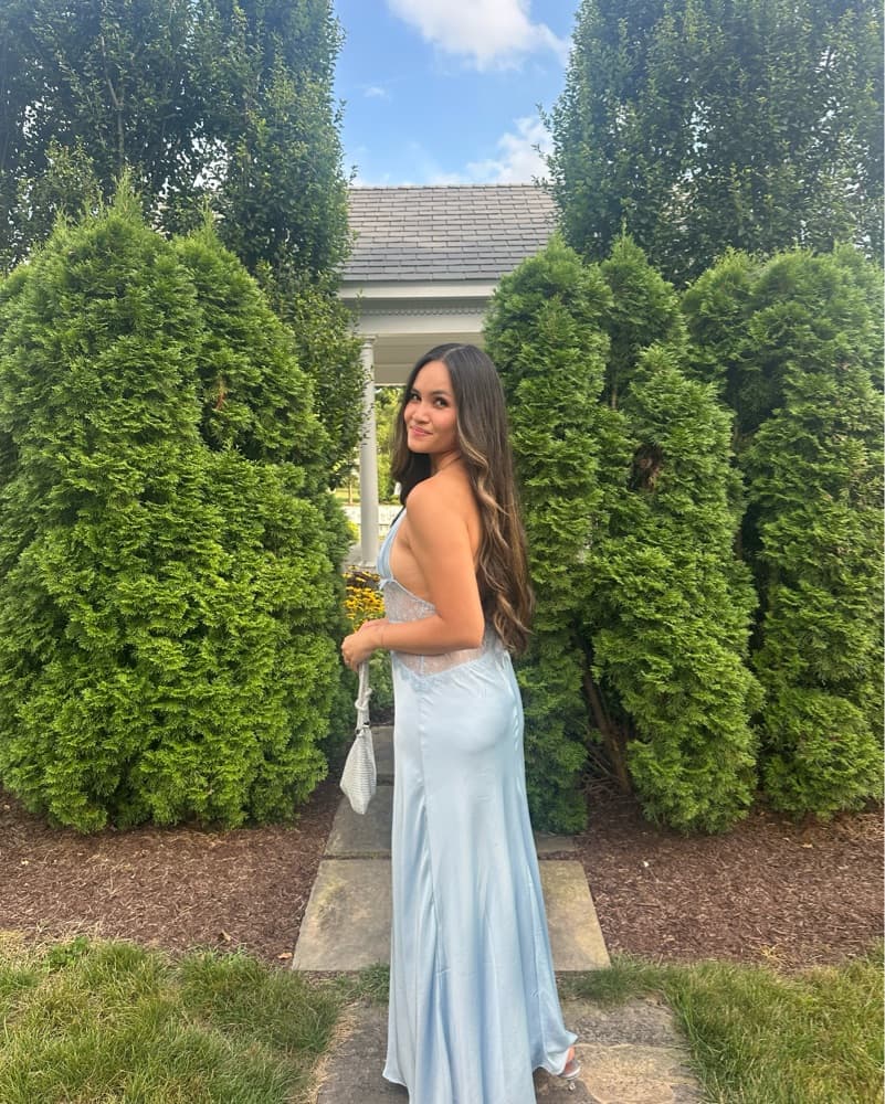 Meshki Blue Satin Lace Dress - Image 3