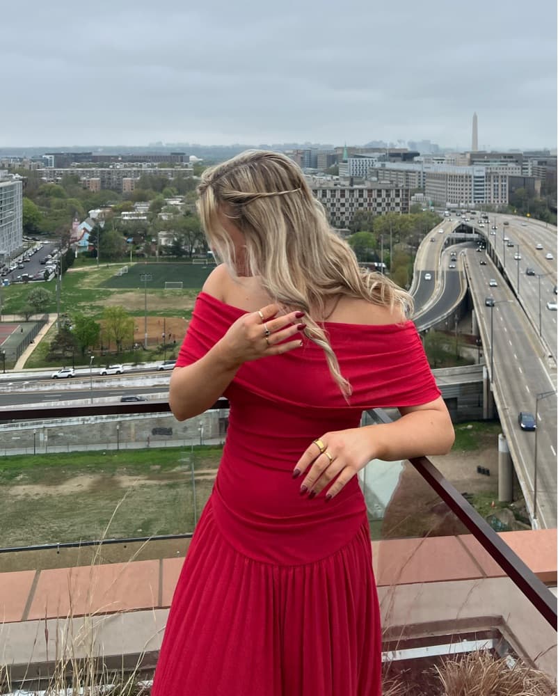 Red Off The Shoulder Drop Waist Dress - Image 5