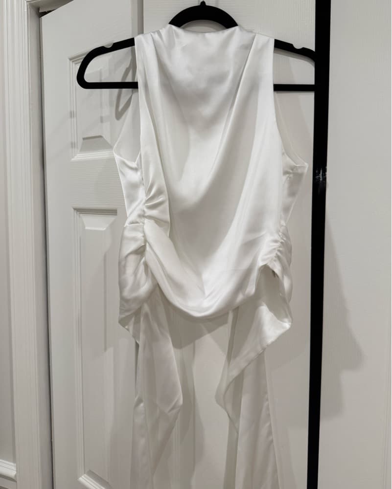 Elegant White Satin High Neck Tie Top - Image 2