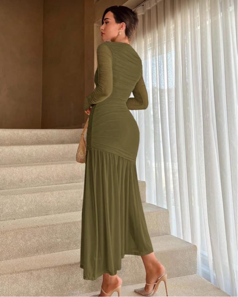 Ruched Long Sleeve Ruffle Hem Dress - Image 2