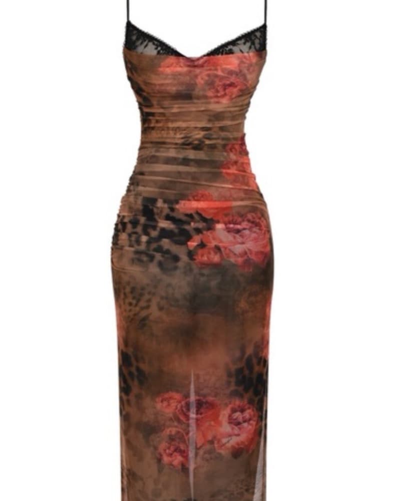 Red Floral Leopard Corset Midi Dress - Image 2