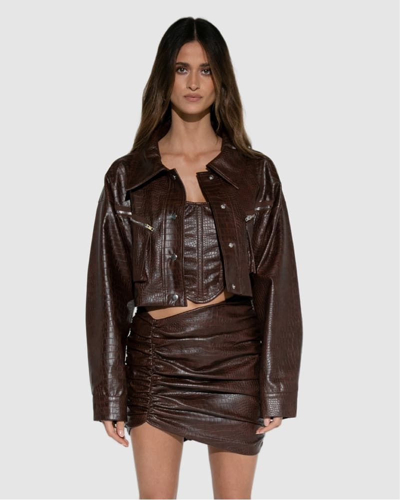 Edgy Faux Leather Cropped Jacket and Top - Image 1