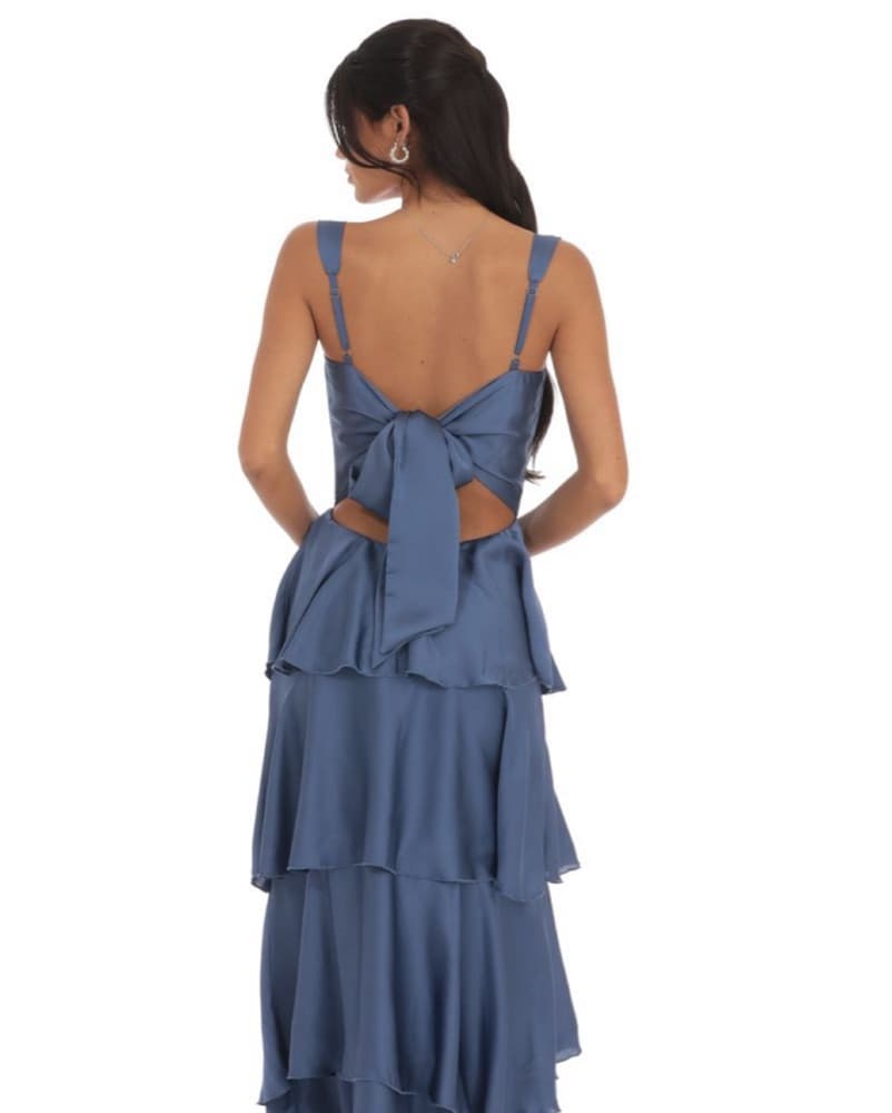 Satin Ruffle Maxi Dress in Slate Blue - Image 2