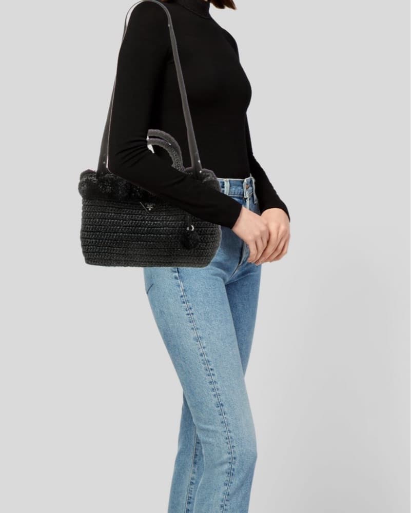 *VINTAGE* Prada Raffia Pom Pom Black Bag - Image 4