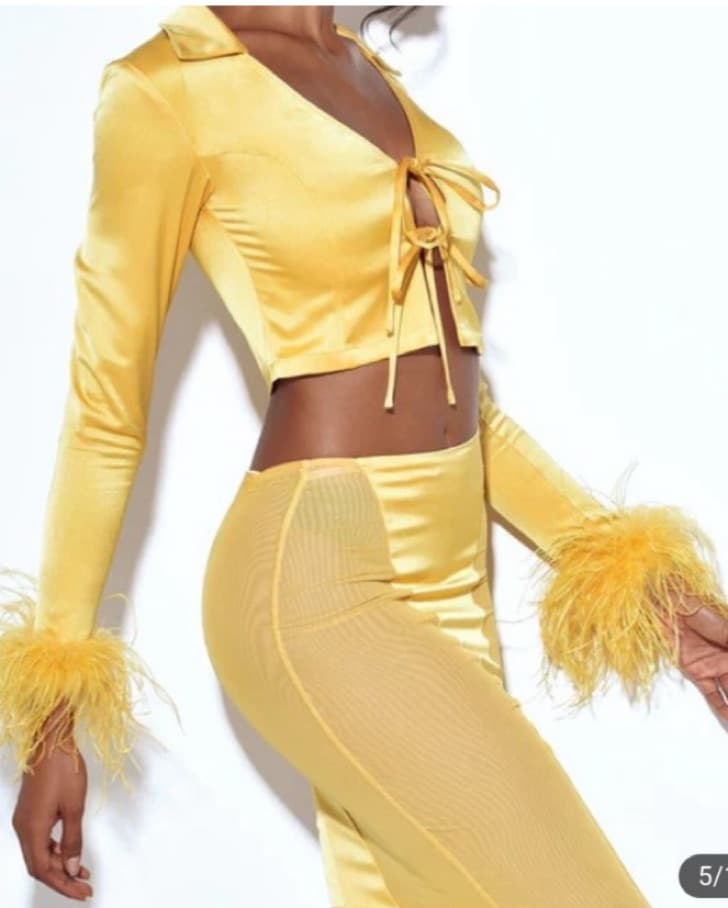 Melissa Yellow Feather Trim Satin Top &  - Image 3