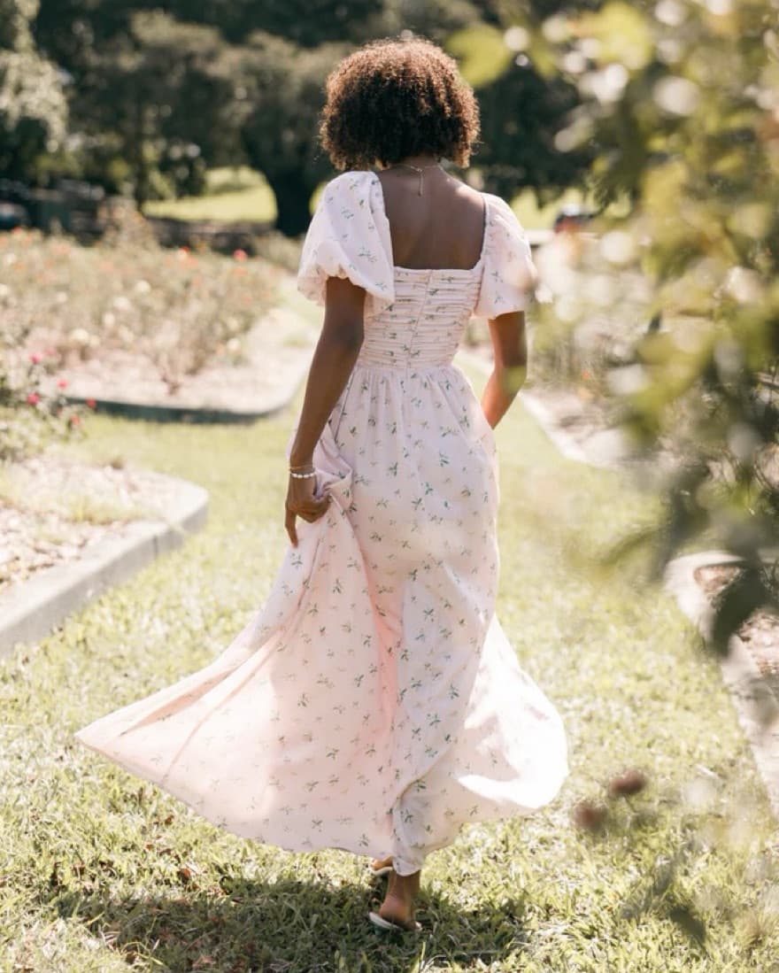 Puff Sleeve Pink Floral Maxi Dress - Image 2