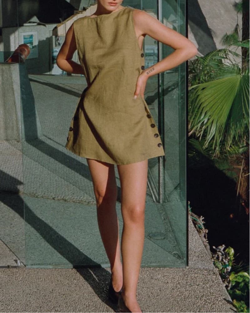 Linen Mini Dress Olive - Image 1