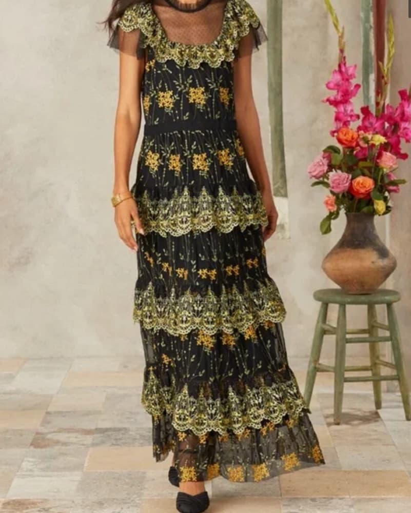 Yellow And Black Embroidered Dress - Image 1