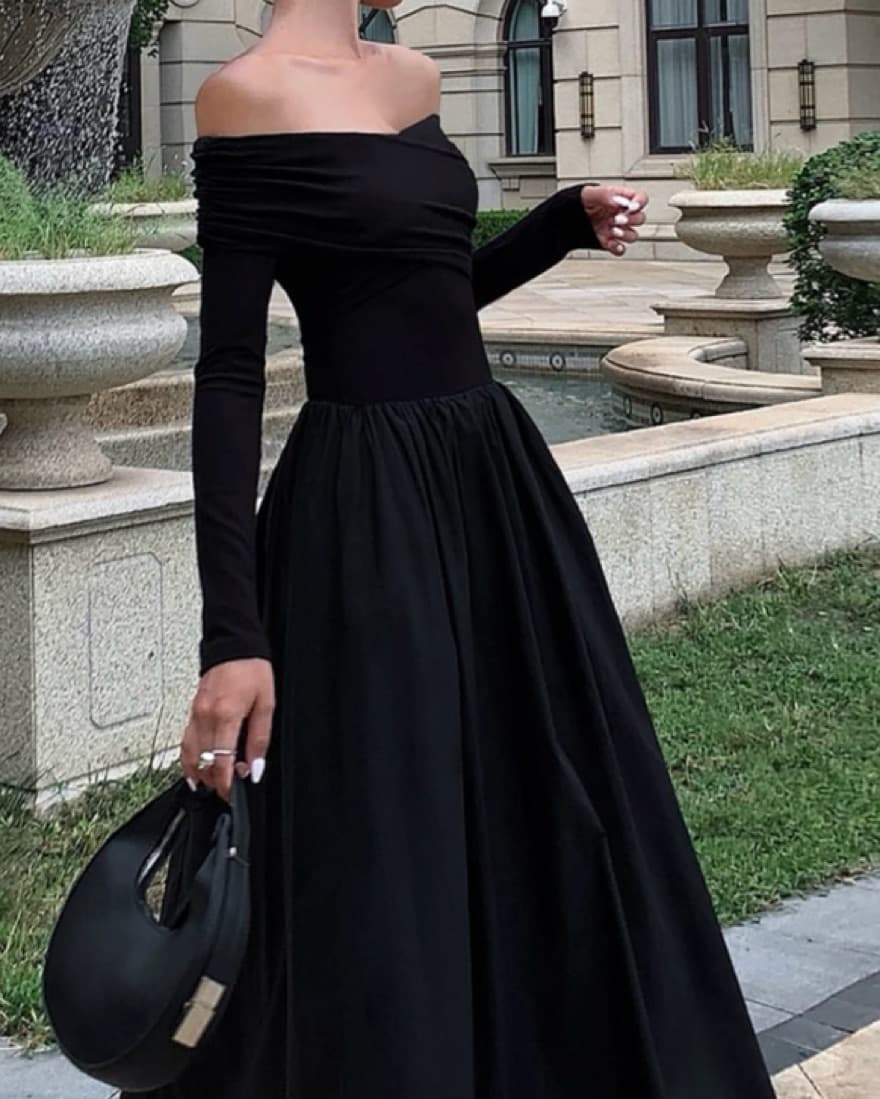 Off Shoulder Criss Cross Black Dress - Image 1