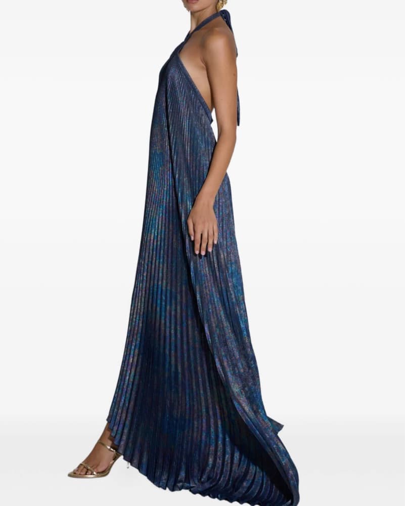 Navy blue metallic pleated halter gown - Image 2
