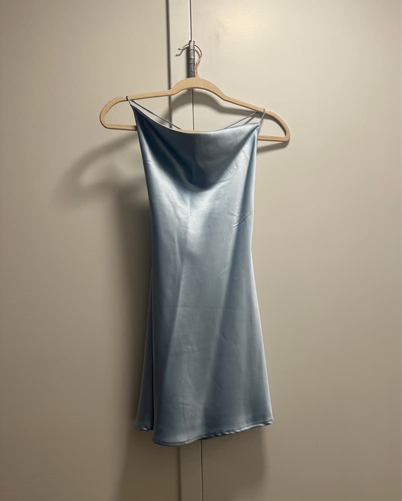 LE LIS Blue Satin Cowl Neck Mini Dress - Image 1