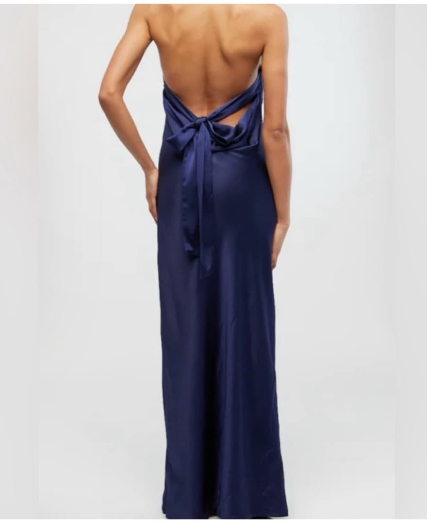 Navy satin strapless gown - Image 2