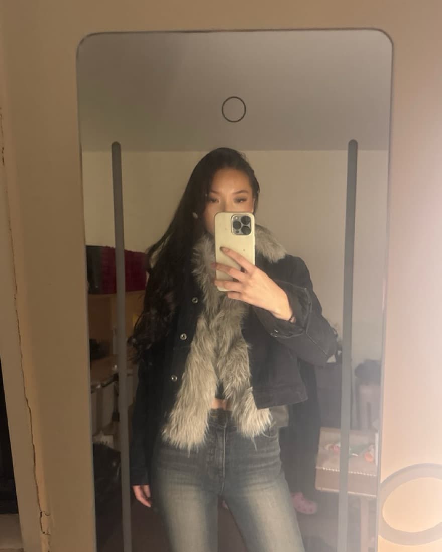 cropped plush fur denim jacket  - Image 2