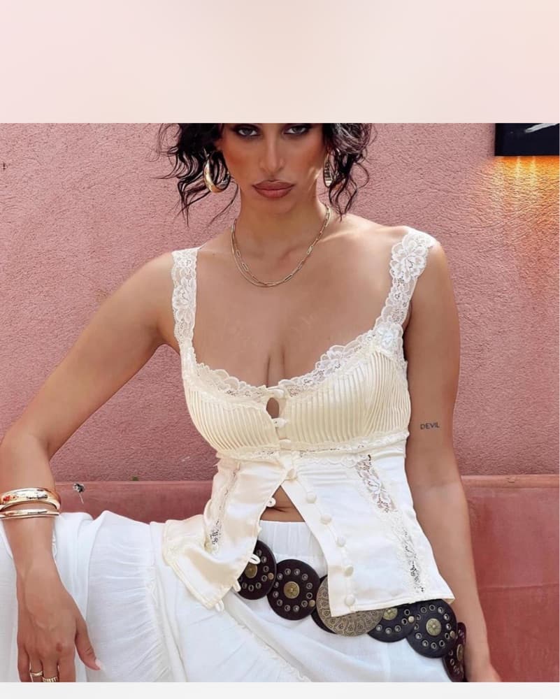 cream lace button up top - Image 2