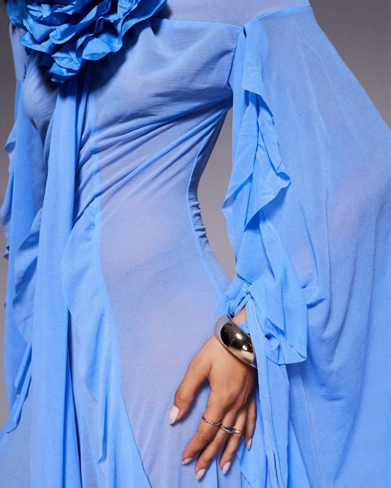 ASOS Design Blue Corsage Ruff Maxi Dress - Image 3